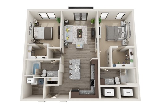 Floor plan for 2 beds, 2 baths, 1137 sqft